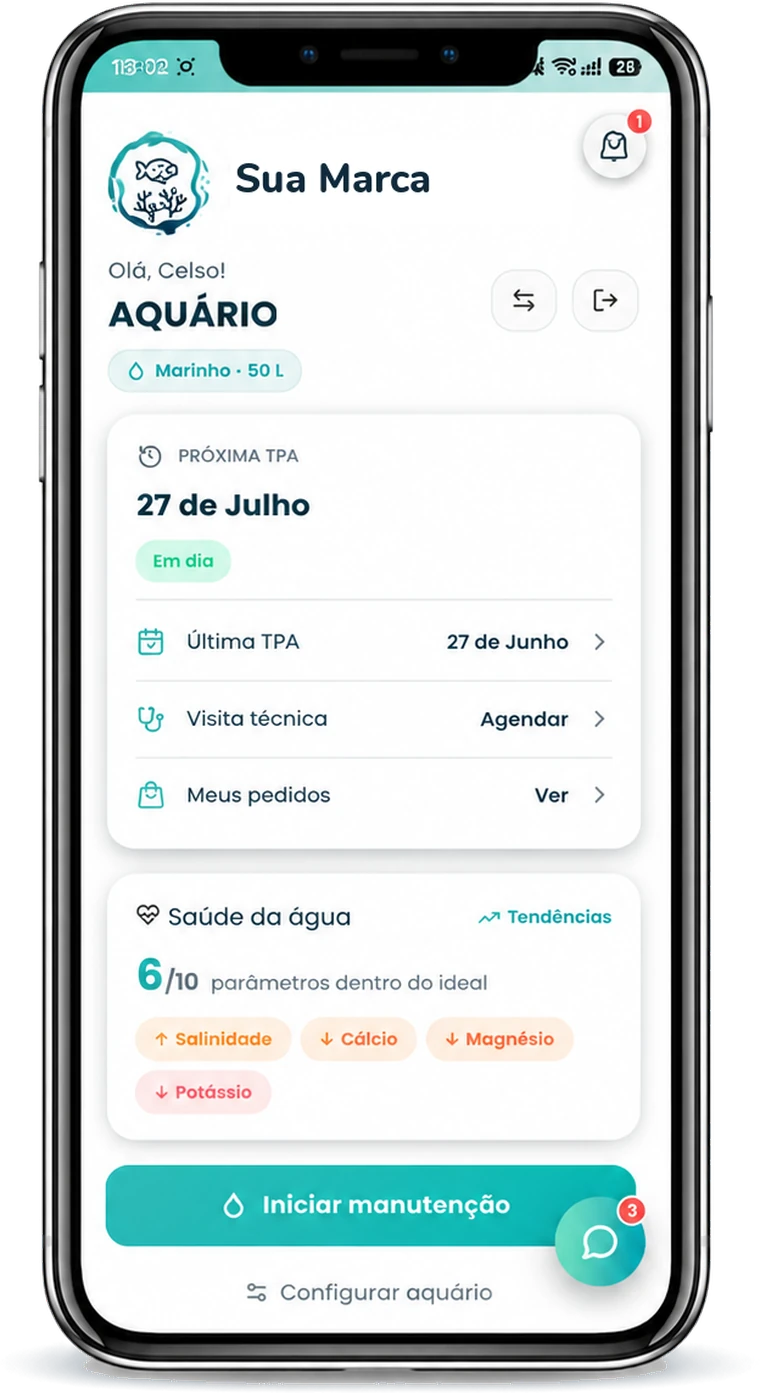 App de uma loja de aquarismo com logotipo próprio e paleta turquesa